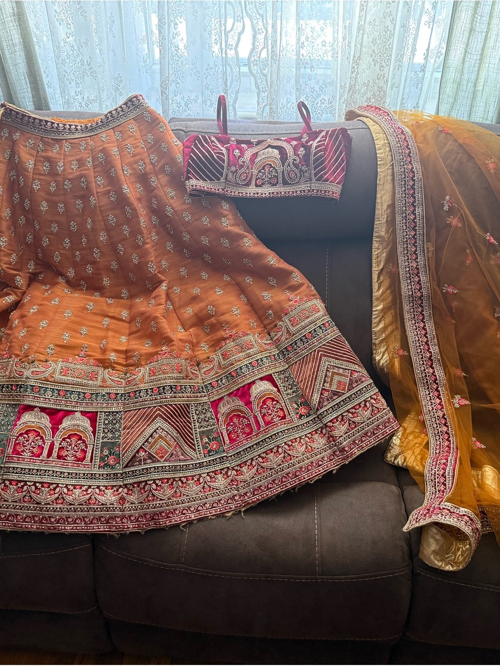 Orange and Pink Embroidered A-Line Lehenga Skirt with Matching Blouse